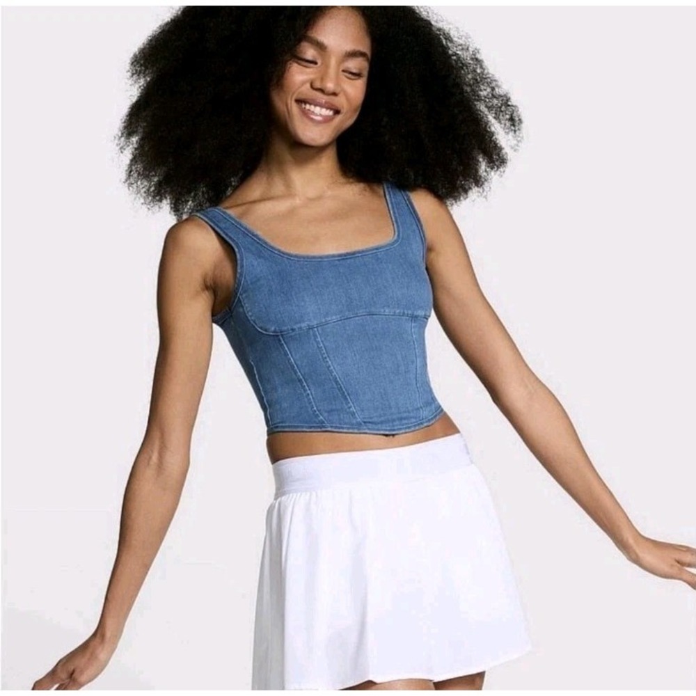 New Victoria's Secret Cropped Bustier Corset S/DD‎ Top Denim Shirt Zip Closure